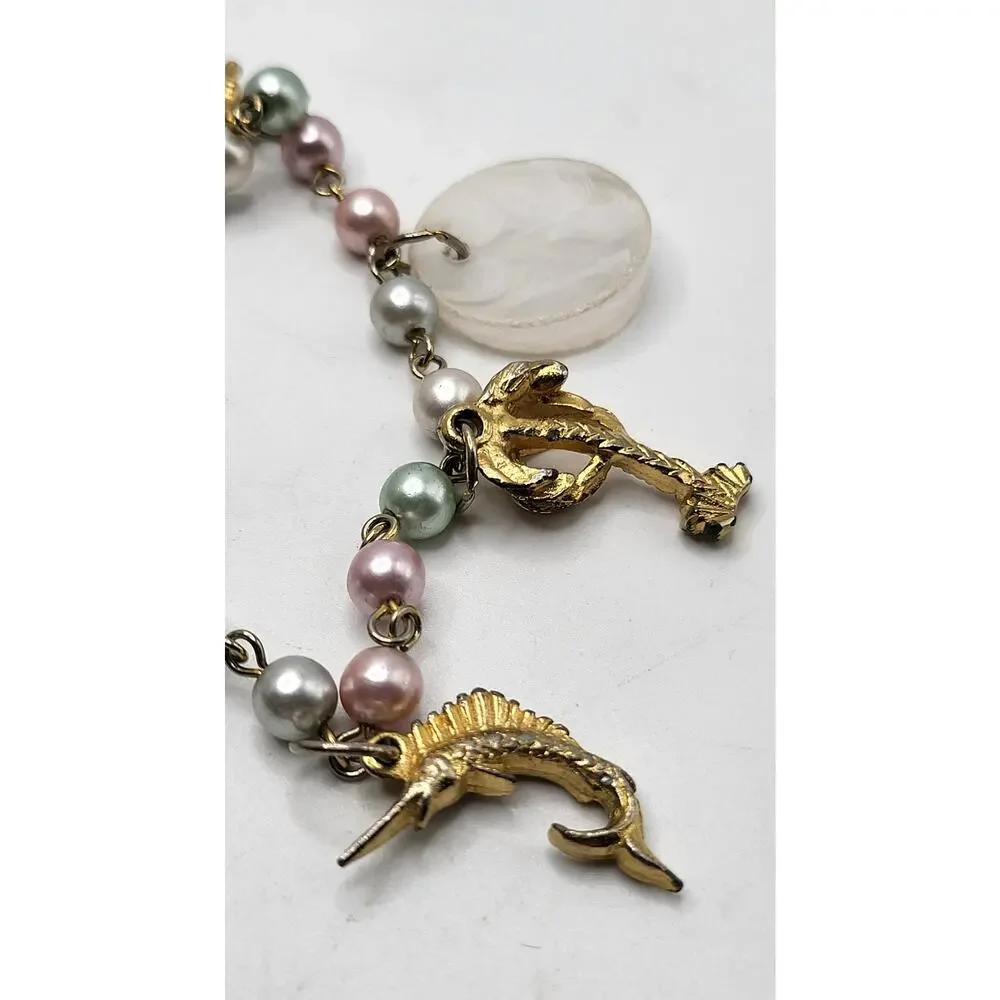 Vintage Charm Bracelet Ocean Nautical Seahorse Palm Trees Alligator Fish Pearl - Picture 4 of 11